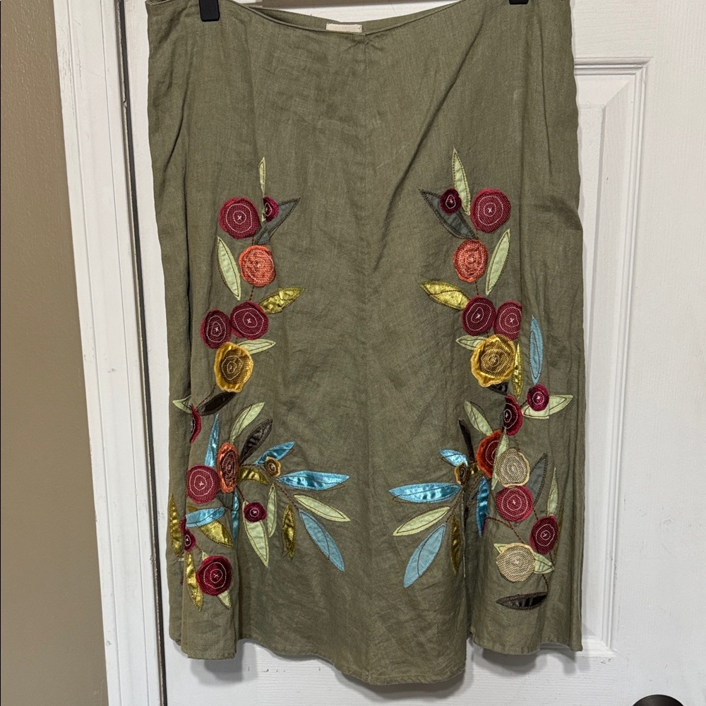 J. Jill Olive Skirt with Colorful Floral Embroidery